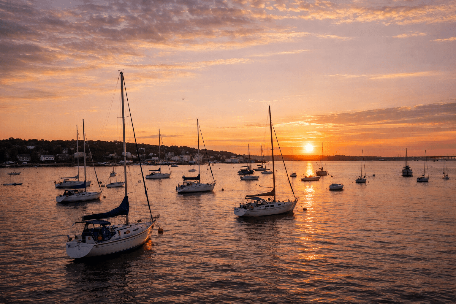 Boats at sunset in Dartmouth harbor on the South Coast of Massachusetts